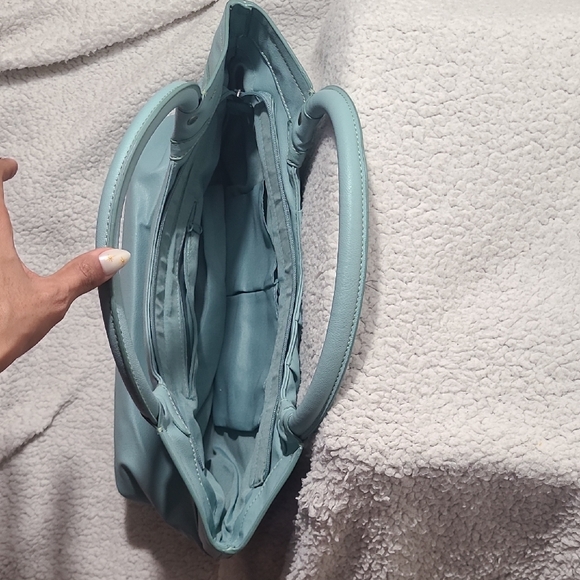 Y2K Blue Faux Leather Shoulder Bag | Slouchy Mini Tote w/ Zip Pockets - Picture 14 of 16